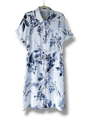 Elena Baldi White Linen Shirt Dress Blue Floral Print Size S